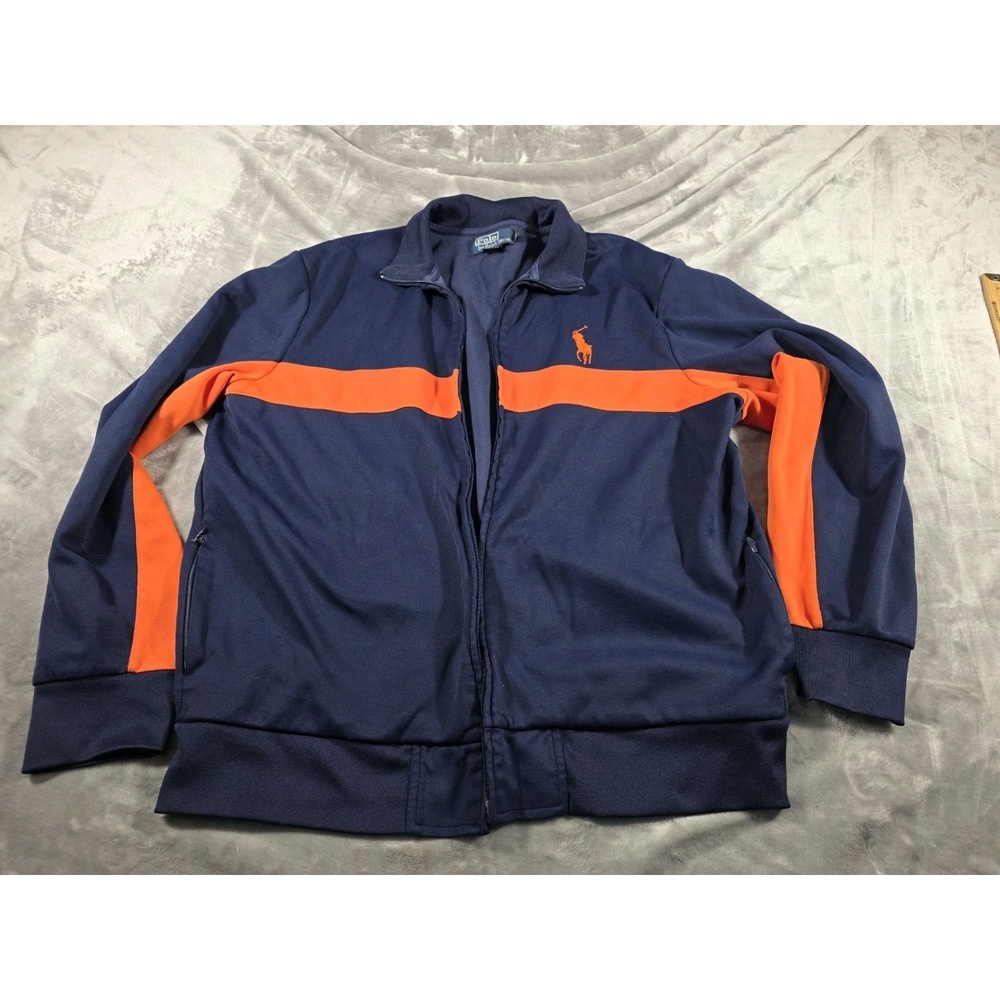 Polo Ralph Lauren Mens XL Big Pony Track Jacket Navy/Orange *FLAW* Broken Zipper